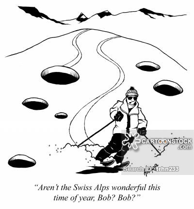 comic of skiers on the swiss alps and the mountains are full of holes