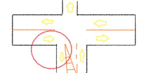 intersection drawn in MS paint using the crayon tool showing a lane too narrow to turn into 
 